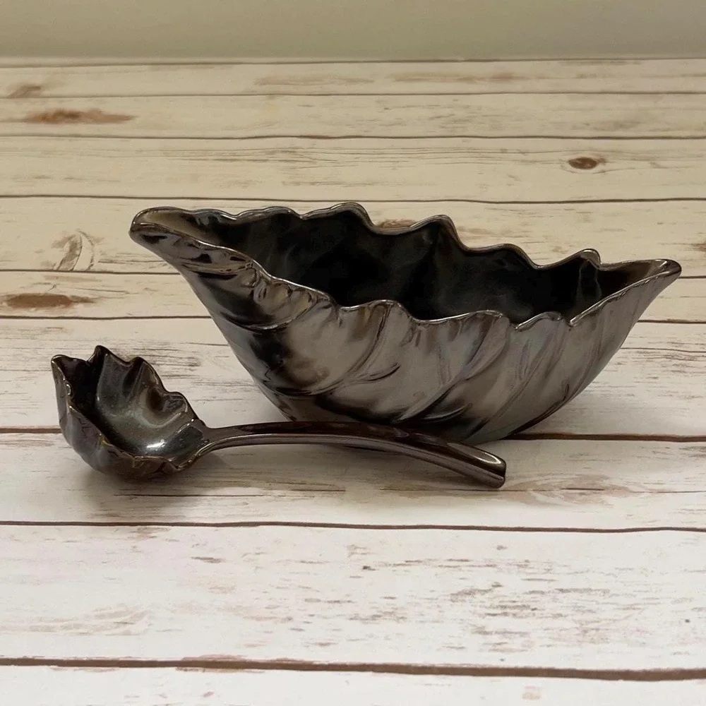 Pottery Barn Gravy Boat with Ladle Bronze Leaf Design Metallic Glaze OS